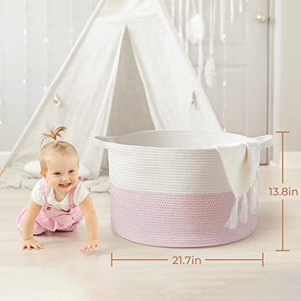 NovoBam woven laundry hamper basket made of soft and durable cotton rope, suitable for storing dirty clothes and linens. The basket has a circular shape and features two handles for easy transport. The natural color of the cotton rope provides a stylish and rustic look that blends well with any home decor. The laundry hamper is lightweight, foldable, and easy to clean, making it a convenient and practical storage solution for your laundry needs.