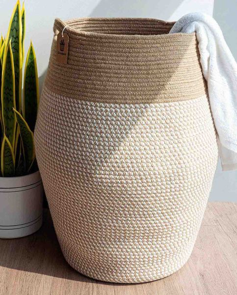 White Mix Jute Cotton Rope Laundry Hamper - NovoBam