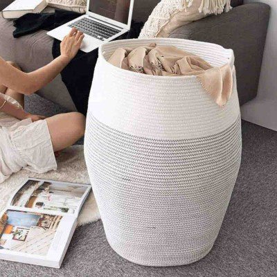 White Woven Cotton Rope Laundry Hamper - NovoBam