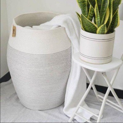 White Woven Cotton Rope Laundry Hamper - NovoBam