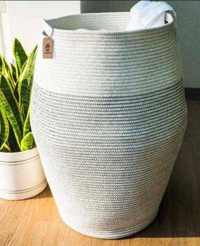 White Woven Cotton Rope Laundry Hamper - NovoBam