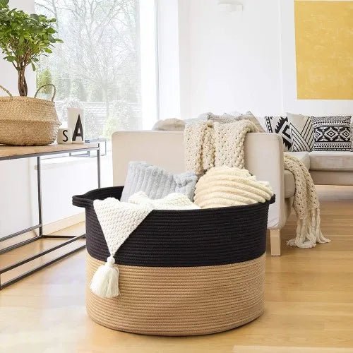 XXXLarge Cotton Rope Laundry Basket Hamper Black & Camel - NovoBam