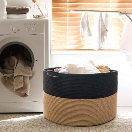 XXXLarge Cotton Rope Laundry Basket Hamper Black & Camel - NovoBam