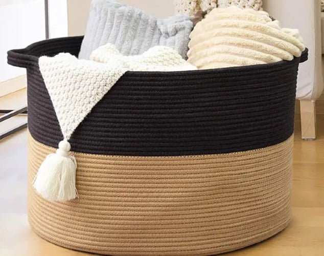 XXXLarge Cotton Rope Laundry Basket Hamper Black & Camel - NovoBam
