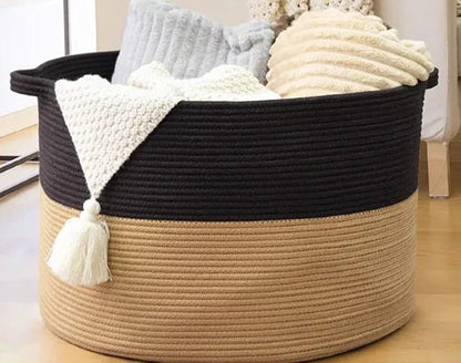 XXXLarge Cotton Rope Laundry Basket Hamper Black & Camel - NovoBam