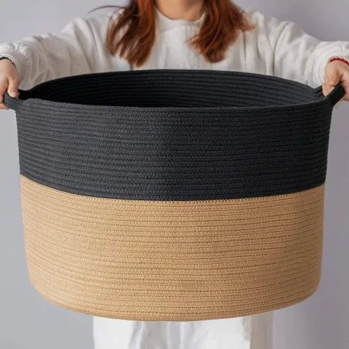 XXXLarge Cotton Rope Laundry Basket Hamper Black & Camel - NovoBam