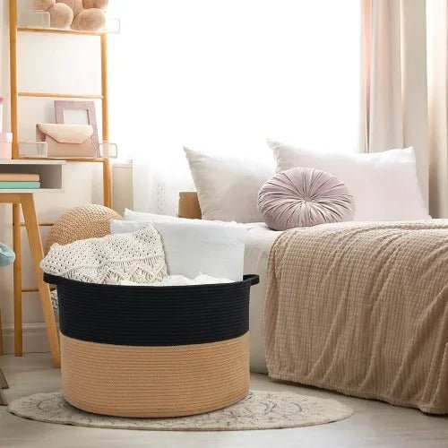 XXXLarge Cotton Rope Laundry Basket Hamper Black & Camel - NovoBam
